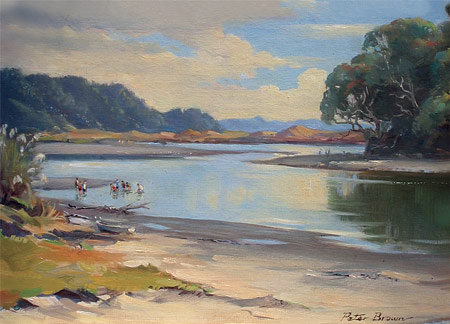 Fine Art by Peter Brown: Pipi Gatherers, Waiotahi Spit